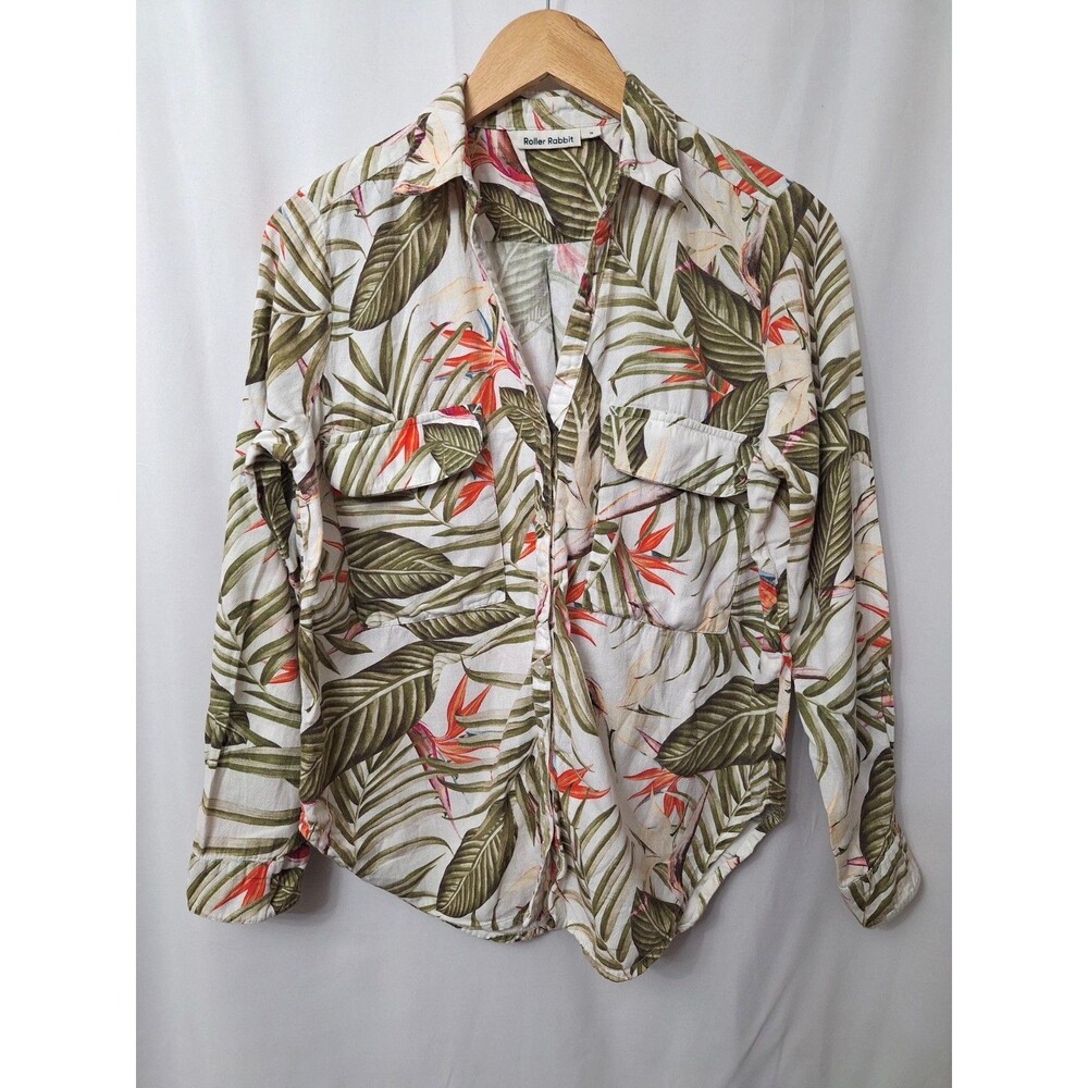 Roller Rabbit 100% Cotton Long Sleeve Button Up Shirt Women Sz M Tropical Floral